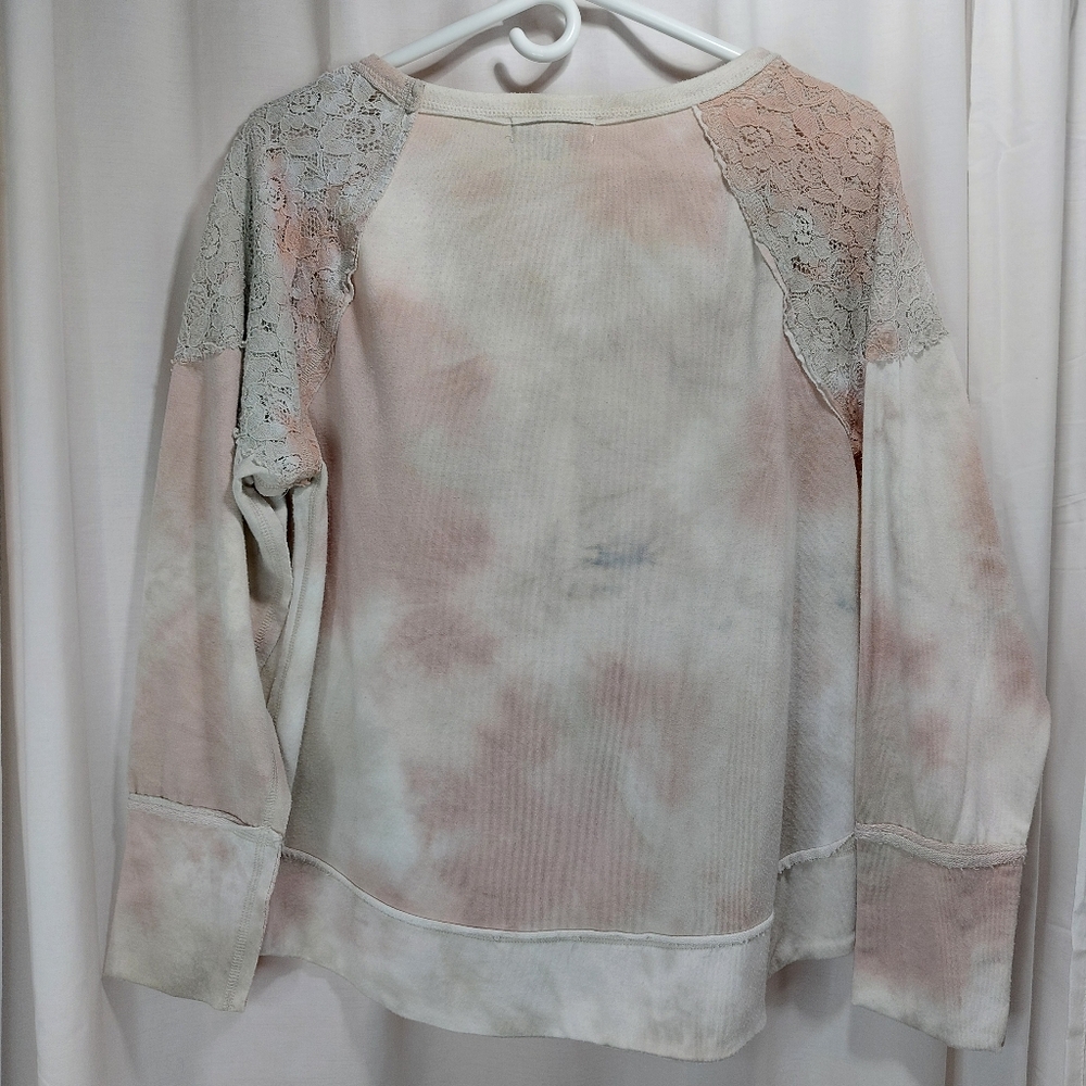 New Directions Womens Tie Dyed High Low Sweatshirt Lace Size Large Pink‎ Gray - Picture 4 of 8